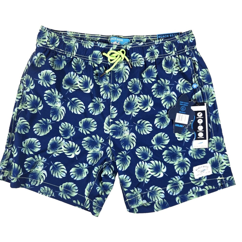 Beach Bros Men’s Swim Trunks Size Large Navy Green Leaves Pattern New
